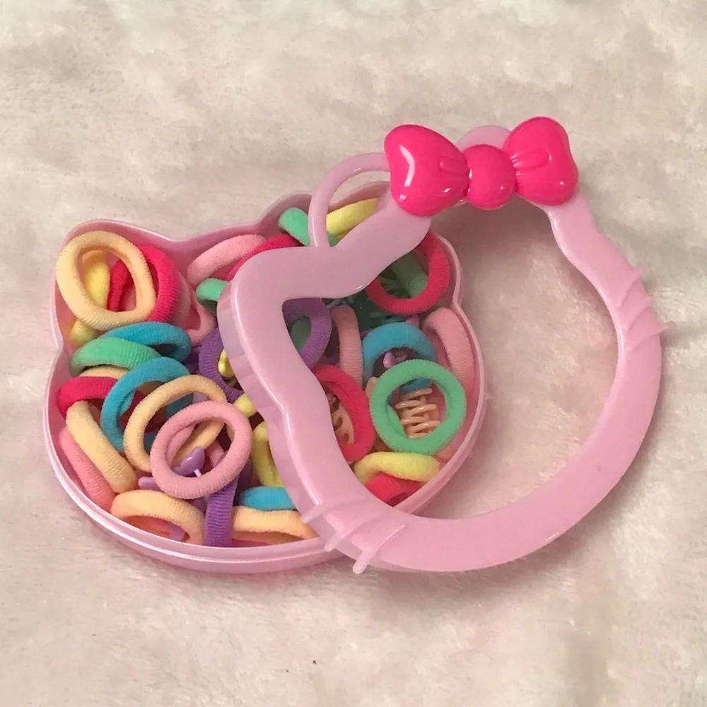 Multicolor Bow Hair Tie Set Hello Kitty Sanrio pink plastic container box New